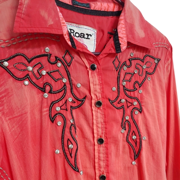 ROAR Western Button Down Shirt Embellished Distressed Coral Women's Med - Picture 3 of 12